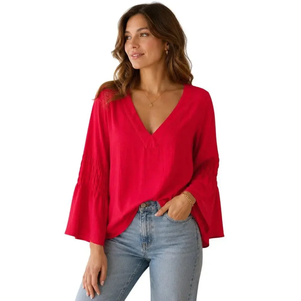 Michael Michael Kors Red V-Neck Blouse Womens Large Long Sleeve Smocked Sleeve - Picture 1 of 10